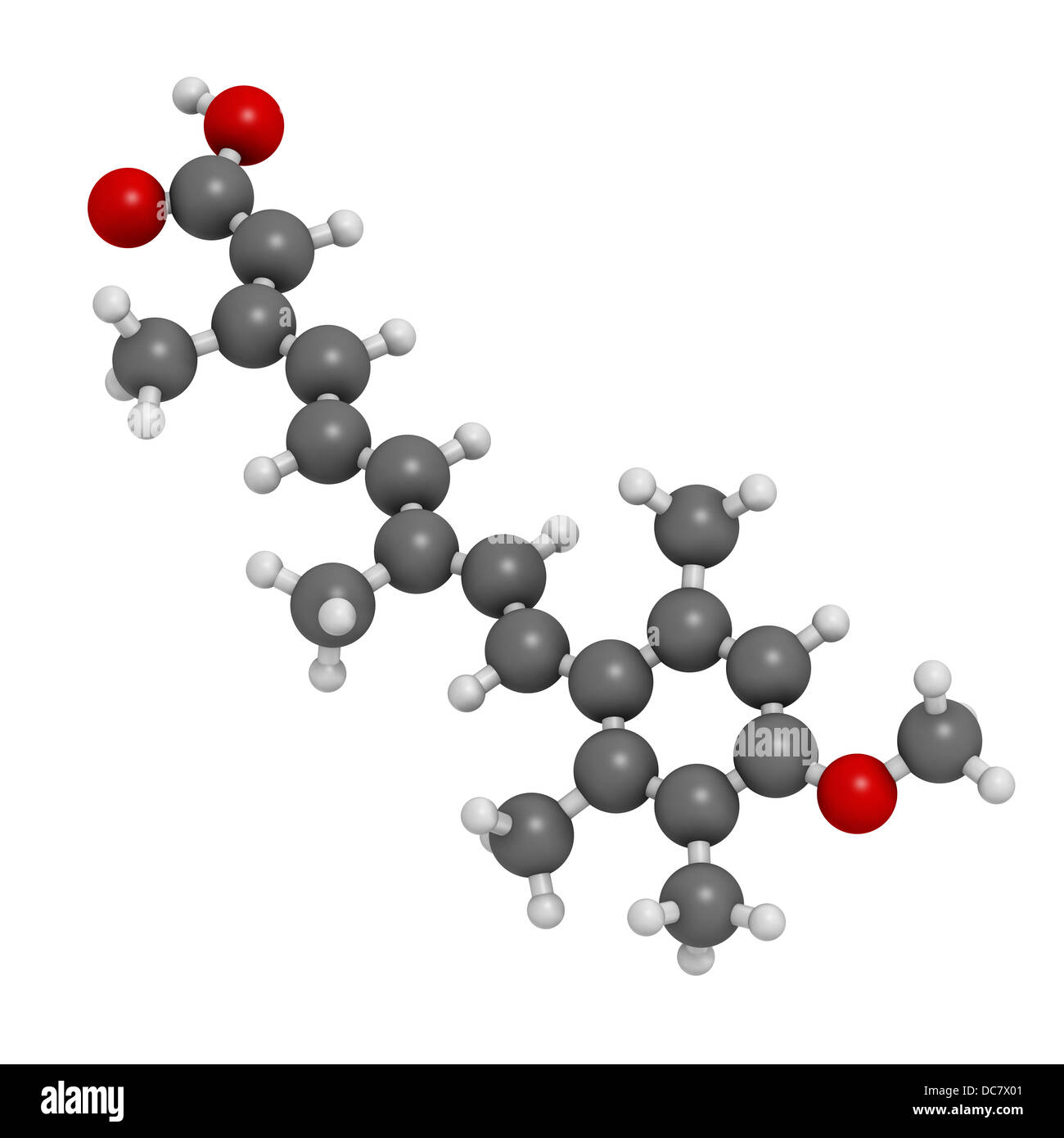 Acitretin Psoriasis Droge, chemische Struktur. Atome werden als Kugeln mit konventionellen Farbkodierung dargestellt. Stockfoto