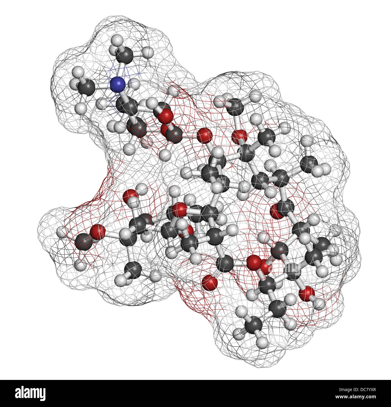 Clarithromycin antibiotischen Medikaments (Makrolid-Klasse), chemische Struktur. Atome werden als Kugeln mit herkömmlichen Farbe dargestellt. Stockfoto