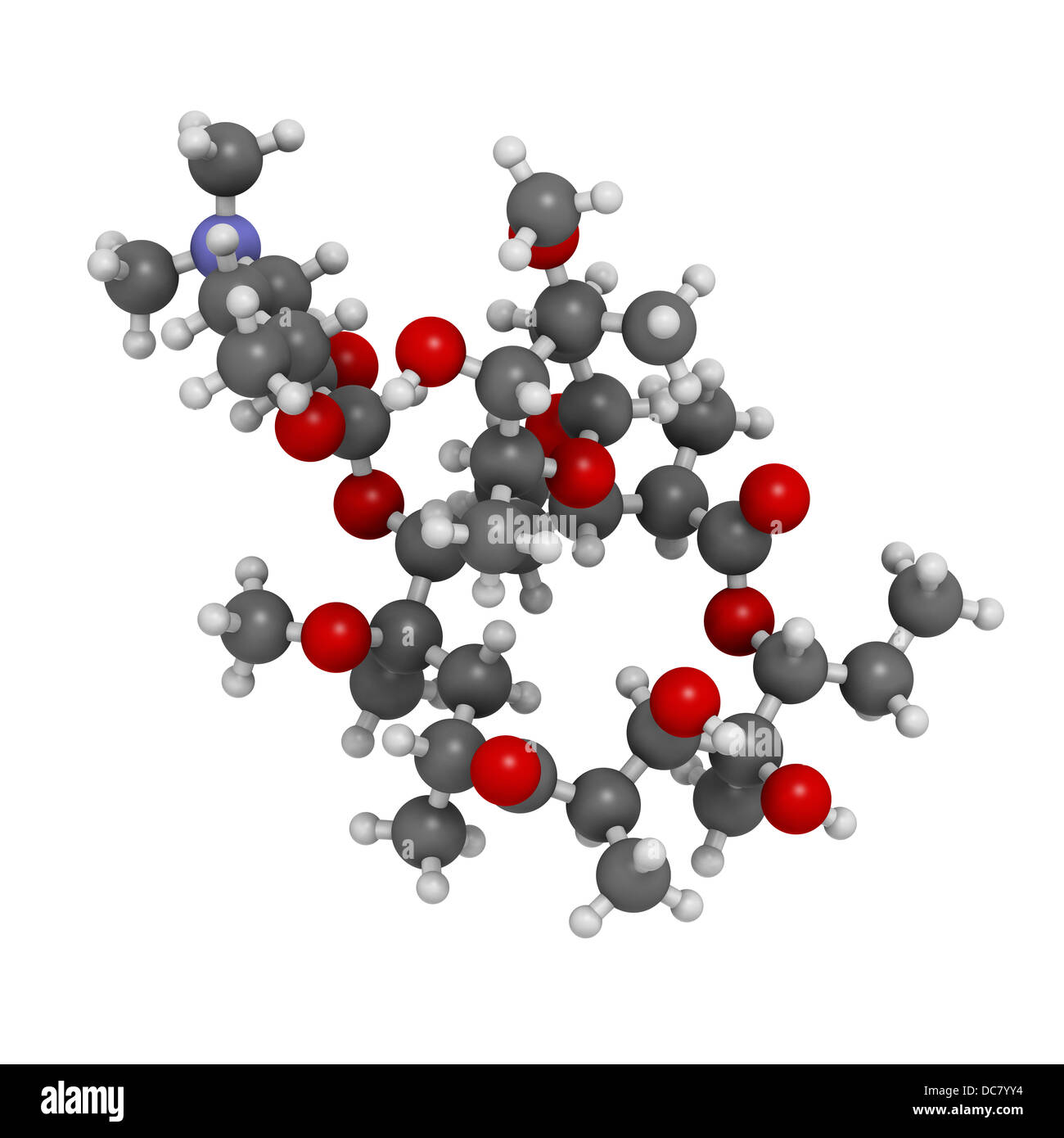 Clarithromycin antibiotischen Medikaments (Makrolid-Klasse), chemische Struktur. Atome werden als Kugeln mit herkömmlichen Farbe dargestellt. Stockfoto