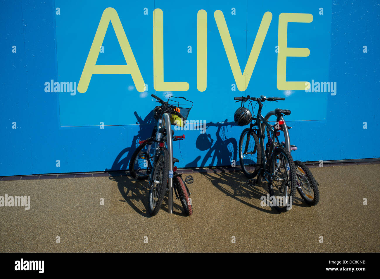 Bikes parked against wall with the word 'Alive' Stockfoto