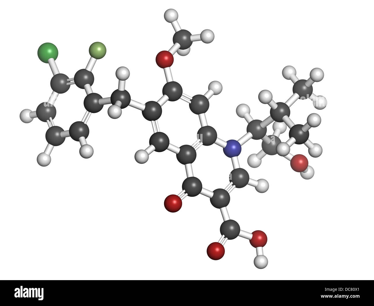 Elvitegravir HIV Behandlung Medikament (Integrase-Hemmer), chemische Struktur. Atome werden als Kugeln dargestellt. Stockfoto