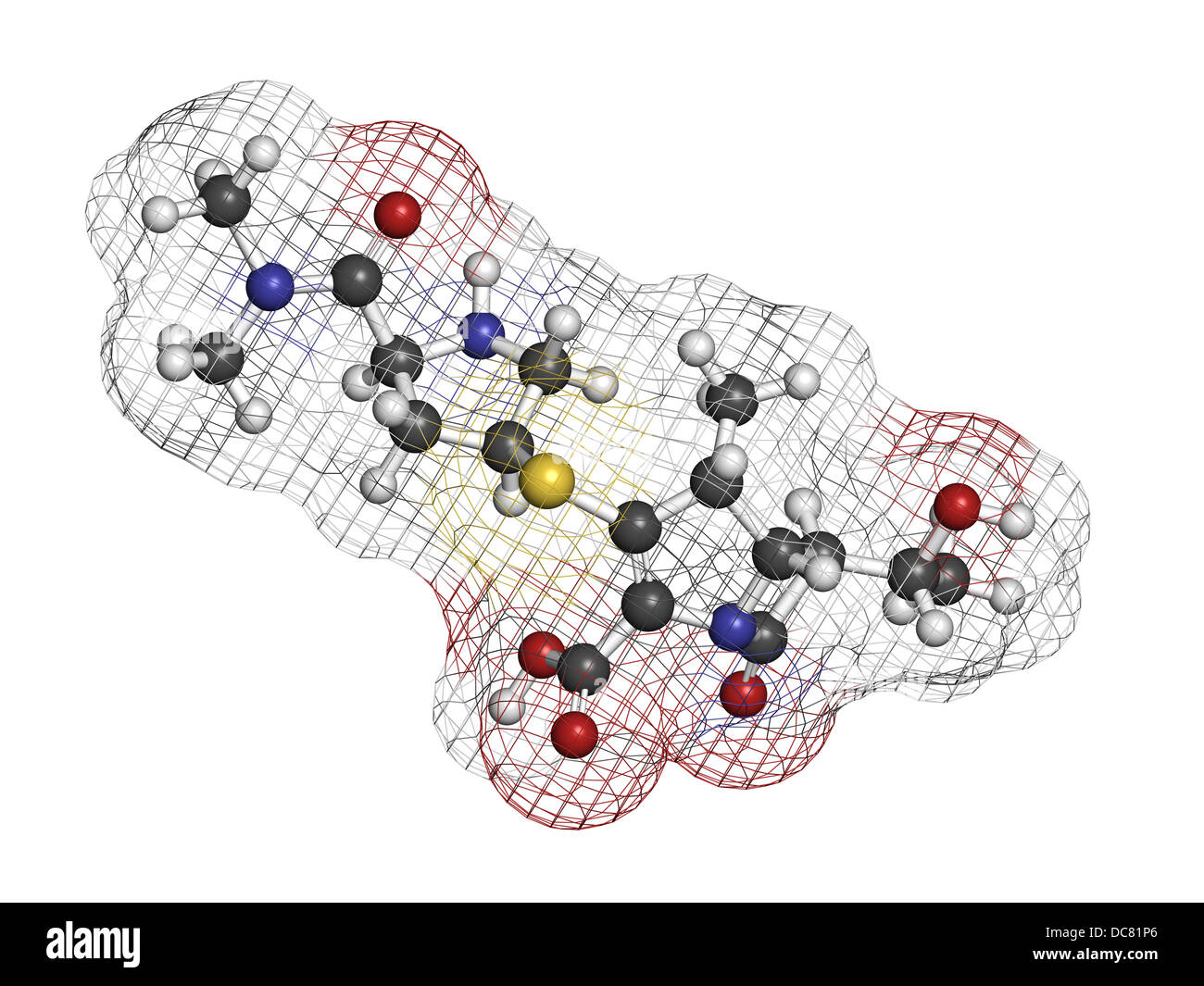 Meropenem Breitspektrum-Antibiotikum (Carbapenem-Klasse), chemische Struktur Atome werden als Kugeln dargestellt. Stockfoto