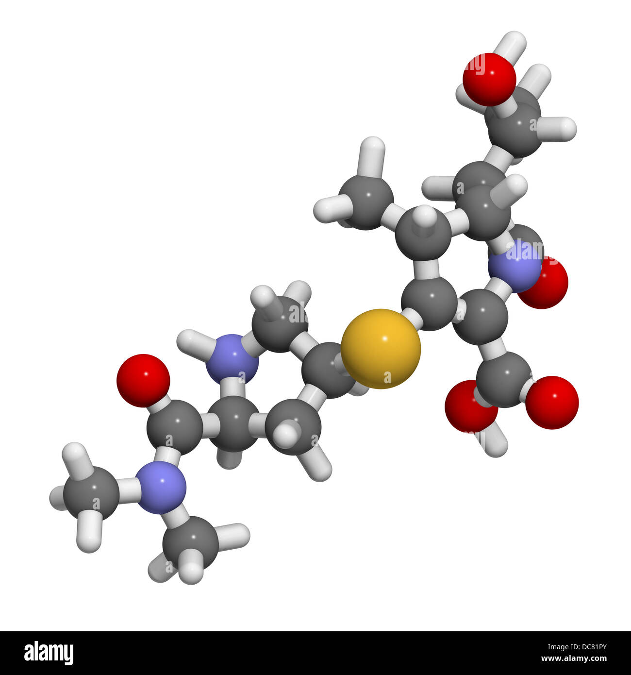 Meropenem Breitspektrum-Antibiotikum (Carbapenem-Klasse), chemische Struktur Atome werden als Kugeln dargestellt. Stockfoto