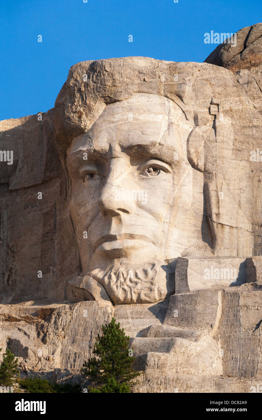 Nahaufnahme der Kopf Porträt Skulptur von Abe Abraham Lincoln in Mt Mount Rushmore National Memorial Monument Stockfoto
