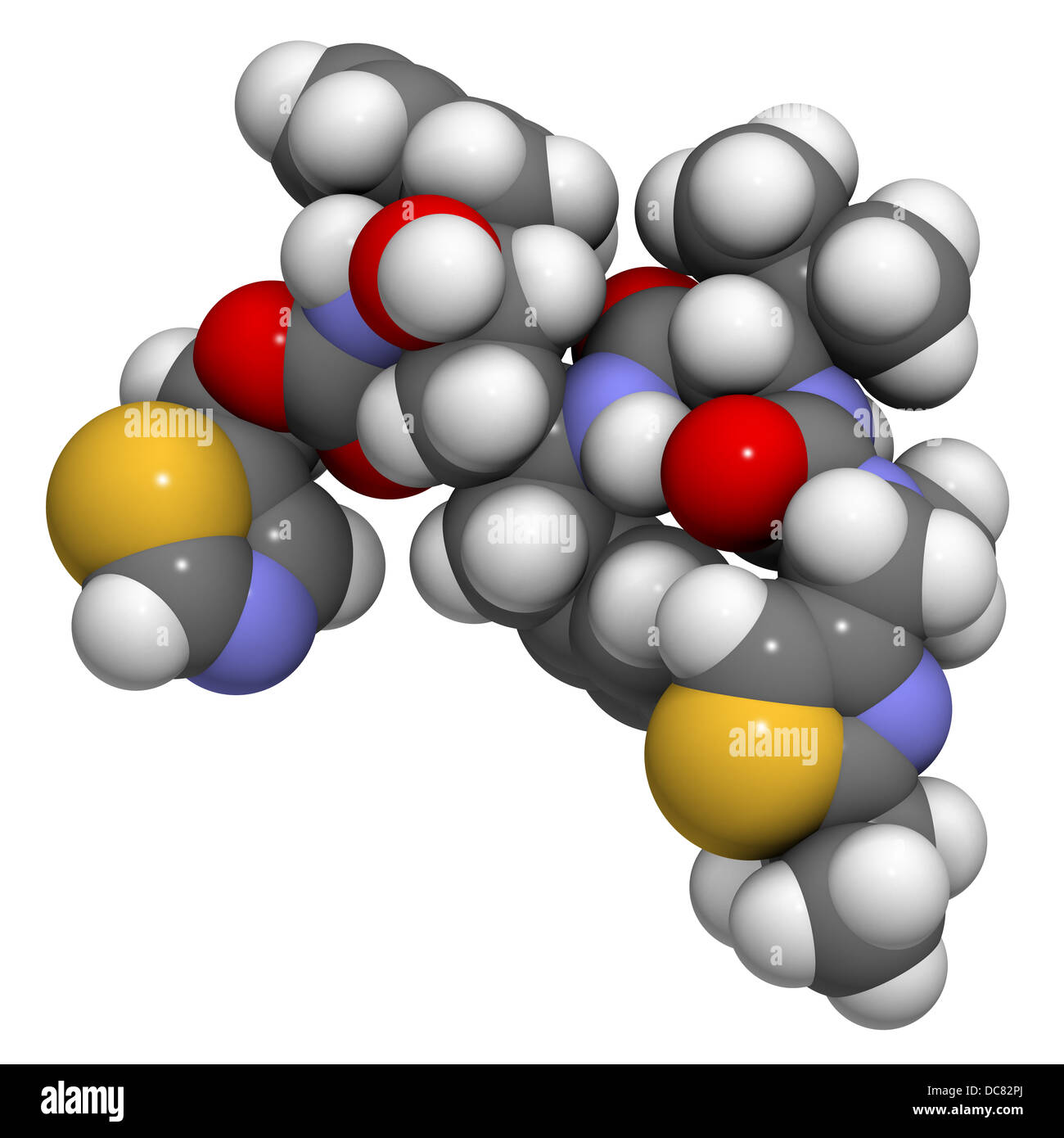 Ritonavir HIV-Medikament (Protease-Inhibitor-Klasse), chemische Struktur.  Atome werden als Kugeln mit herkömmlichen Farbe dargestellt Stockfotografie  - Alamy