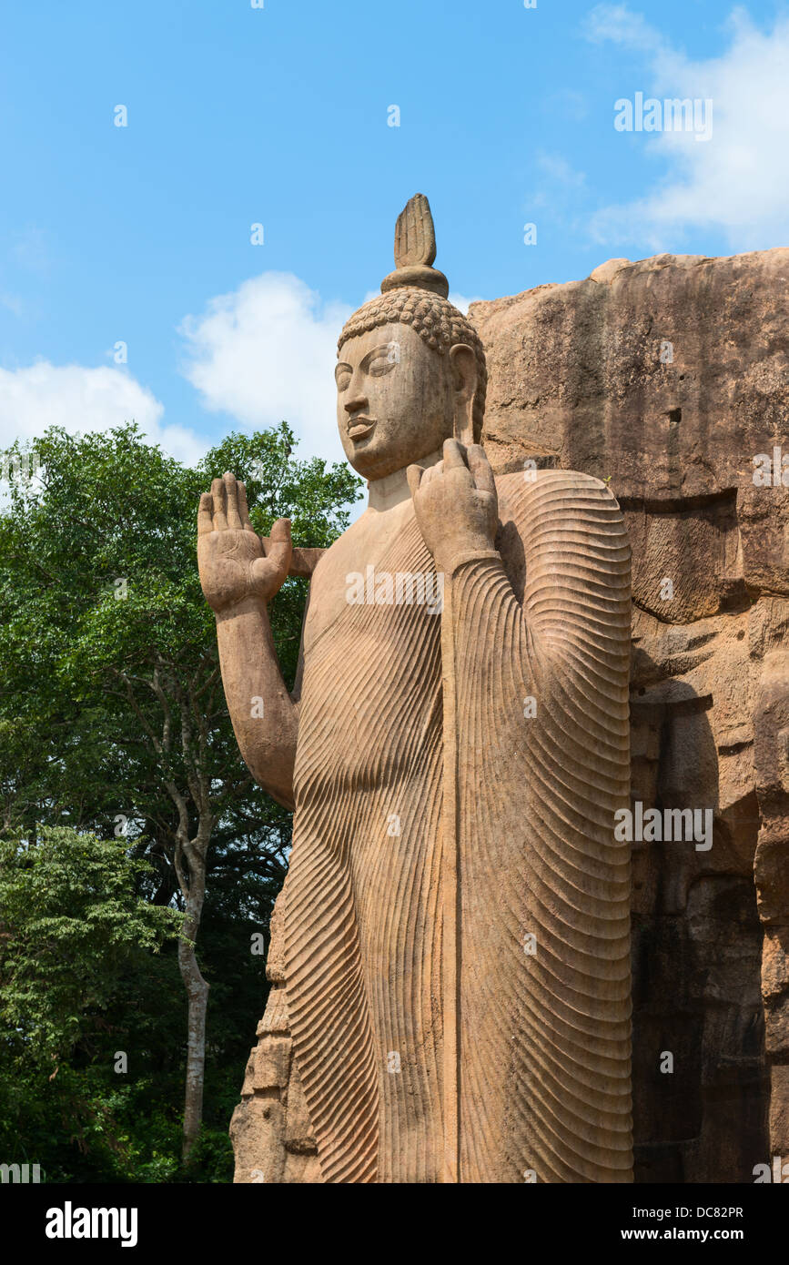 Avukana stehende Buddha-Statue, Sri Lanka. 40 Fuß (12 m) hoch, geschnitzt aus einem großen Granitfelsen im 5. Jahrhundert. Stockfoto