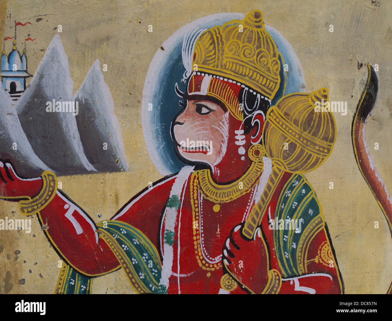 Hanuman, Hindu-Gottheit, gemalte Wandbild an den Gebäuden am Ufer des Ganges Fluss - Varanasi, Uttar Pradesh, Indien Stockfoto