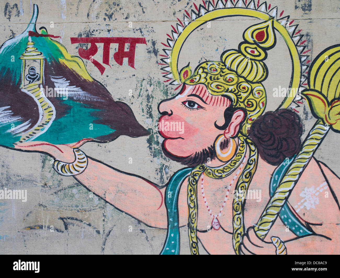 Hanuman, Hindu-Gottheit, Wandmalereien an den Gebäuden am Ufer des Ganges Fluss - Varanasi, Uttar Pradesh, Indien Stockfoto