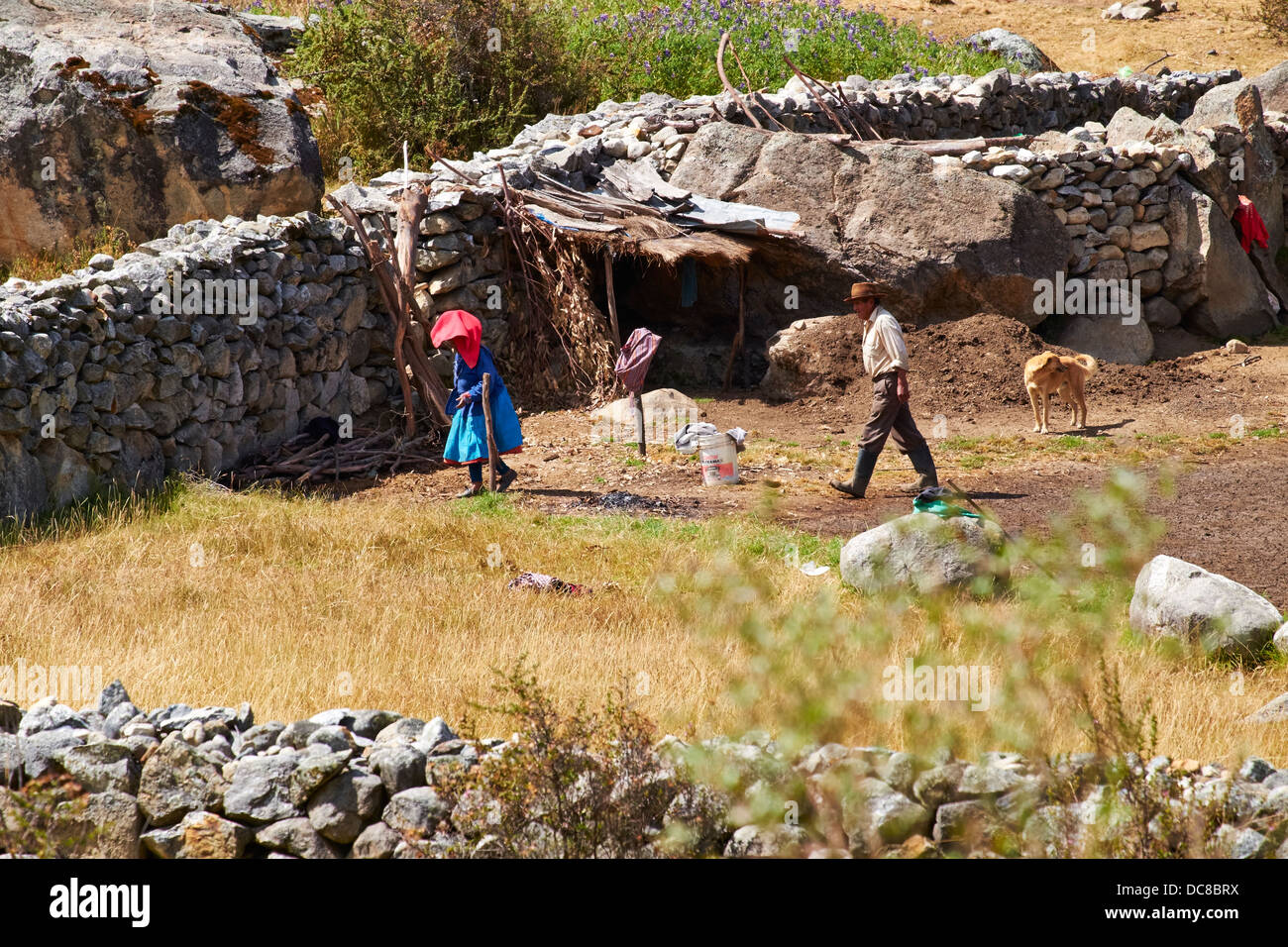 Bauern bei ihrem Tier-Gehege in den peruanischen Anden, Südamerika. Stockfoto