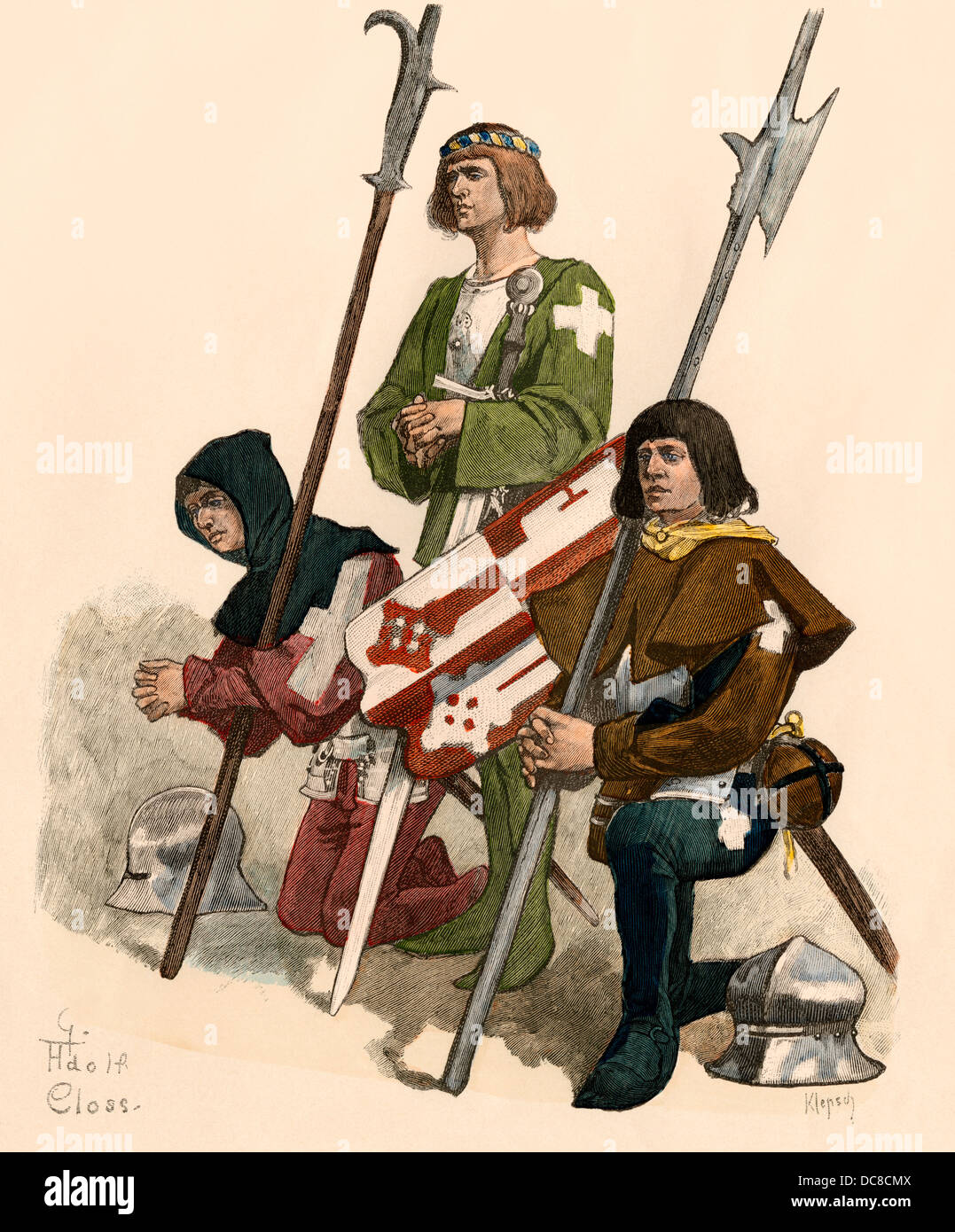 Schweizer Ritter zu Fuß mit seiner Seite und Squire, 1400. Hand-farbig drucken Stockfoto