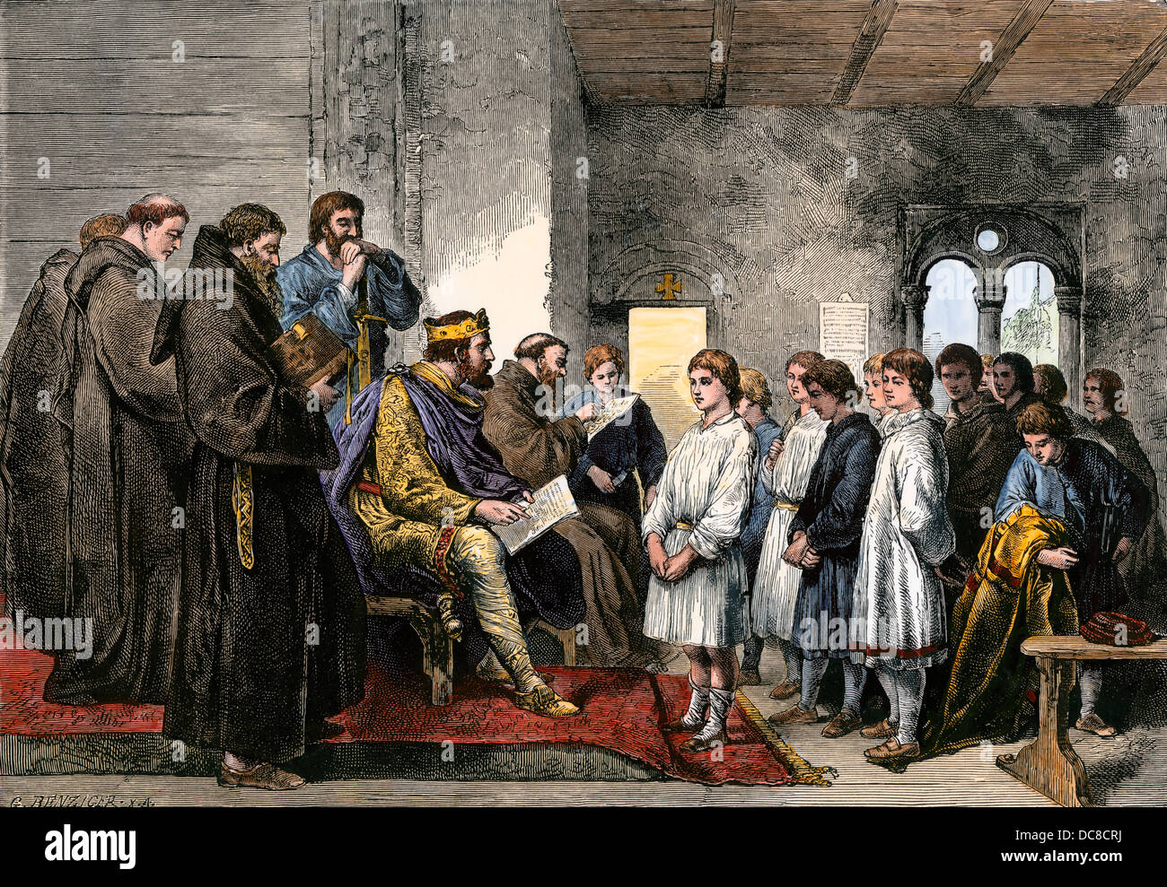 King Alfred Besuch einer Klosterschule, England, 800 s. Hand - farbige Holzschnitt Stockfoto
