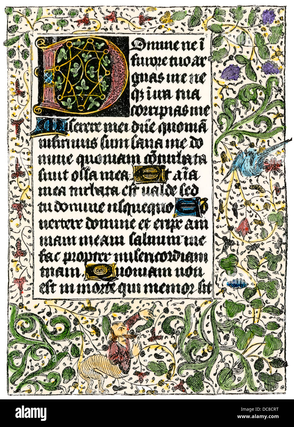 Bilderhandschrift Seite aus einem Buch von Stunden, 1350 AD. Hand - farbige Holzschnitt Reproduktion Stockfoto