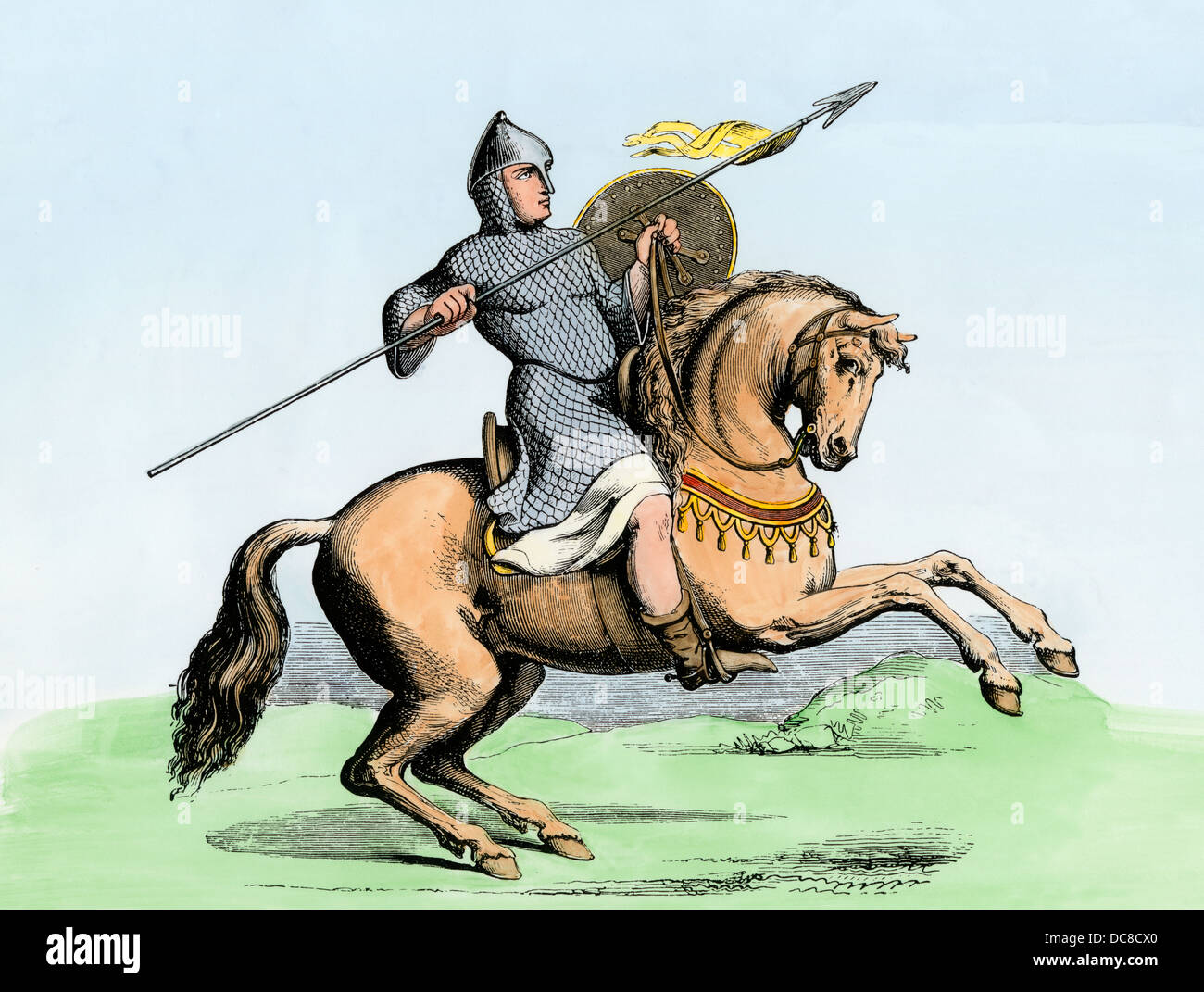 Montiert Ritter in einer Tunika von Ketten-e-mail. Hand - farbige Holzschnitt Stockfoto