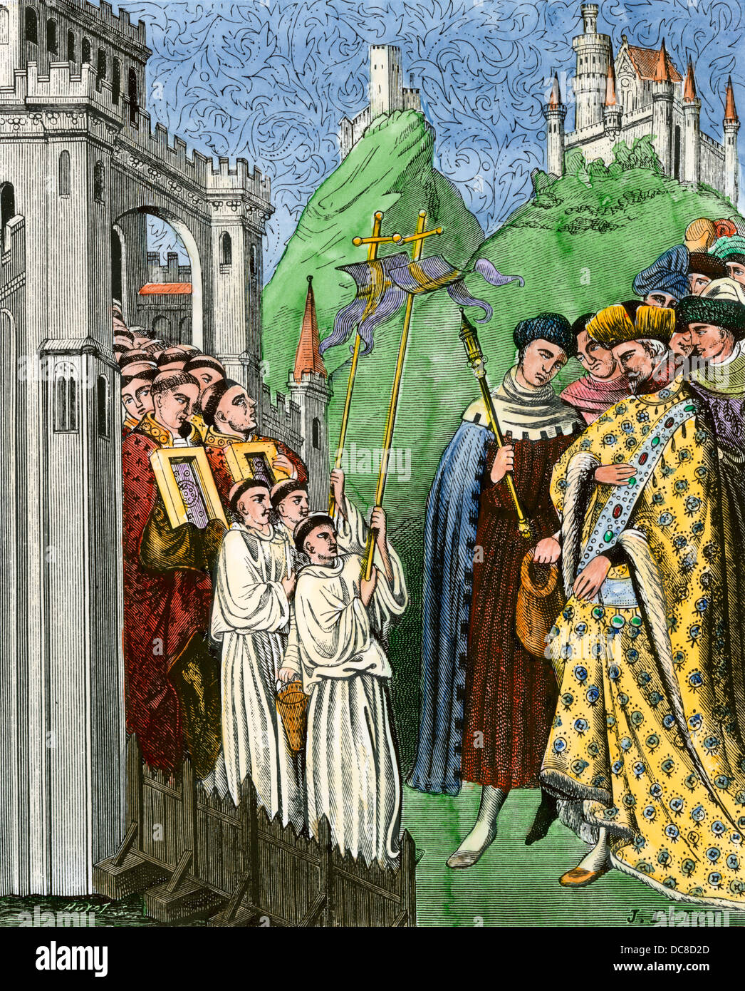 Klerus trägt ein Kreuz und die heiligen Bilder in einer Prozession vor dem Kaiser, frühe Mittelalter. Hand - farbige Holzschnitt Stockfoto