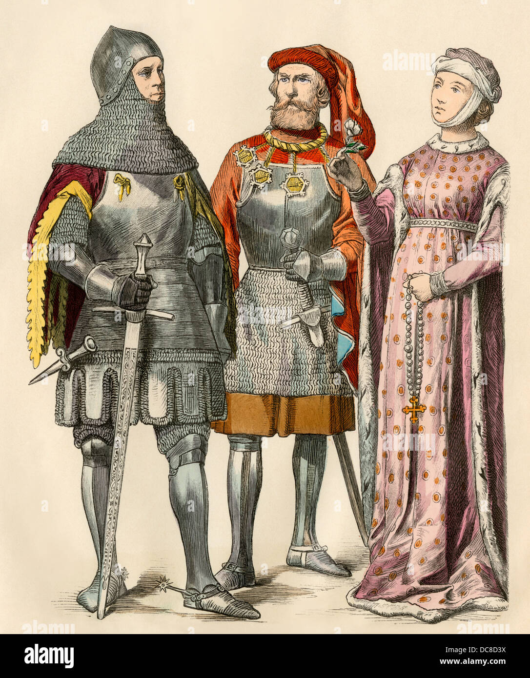 Ritter und eine Dame der frühen 1400er Jahre. Hand-farbig drucken Stockfoto