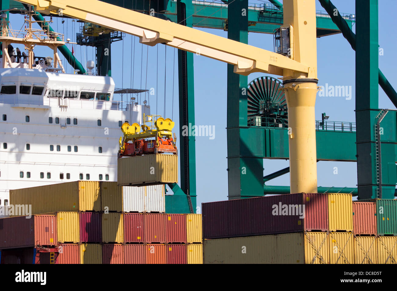 Hafen-Kran heben einen See-Container vom Schiff aus Stockfoto