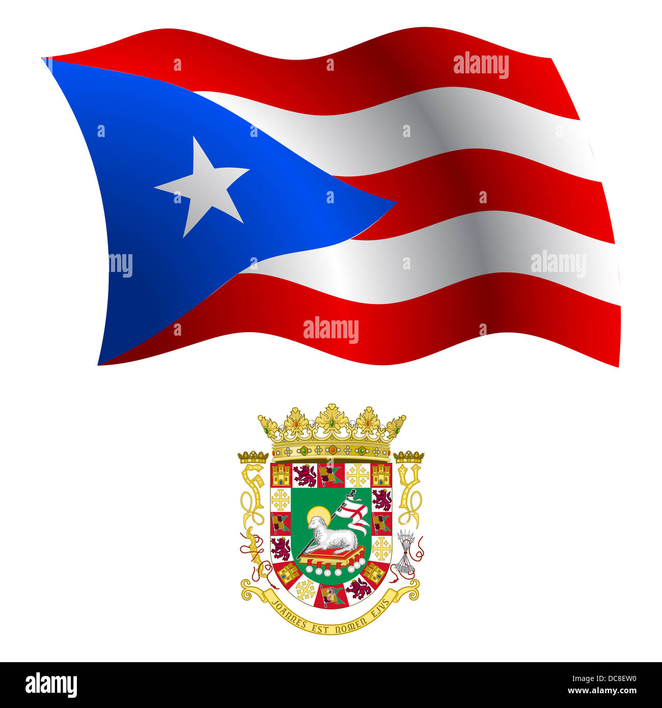 Puerto Rico gewellte Fahne und Wappen Arm vor weißem Hintergrund, Vektor-Illustration Kunst, enthält Bild Transparenz Stockfoto
