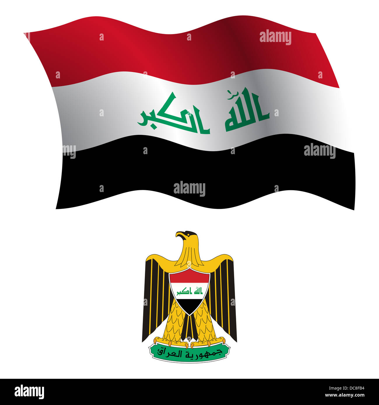 Bild enthält Irak gewellte Fahne und Wappen vor weißem Hintergrund, Vektor-Illustration Kunst, Transparenz Stockfoto
