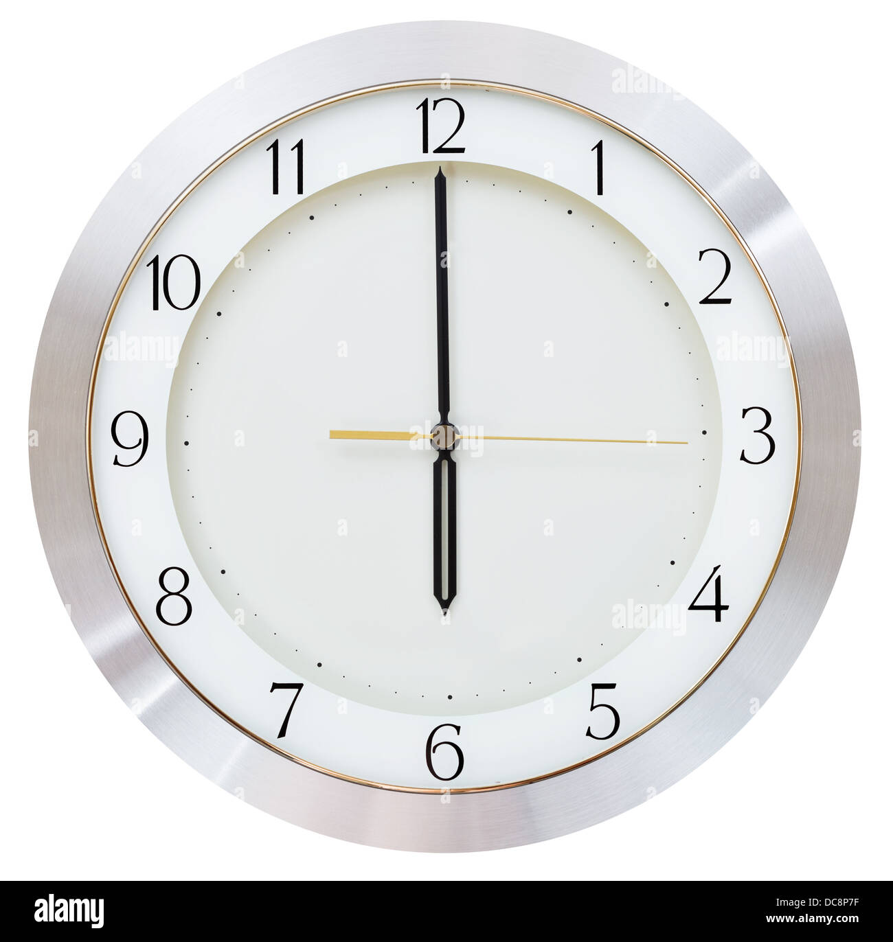 sechs Uhr auf dem Zifferblatt Runde Wanduhr Stockfoto