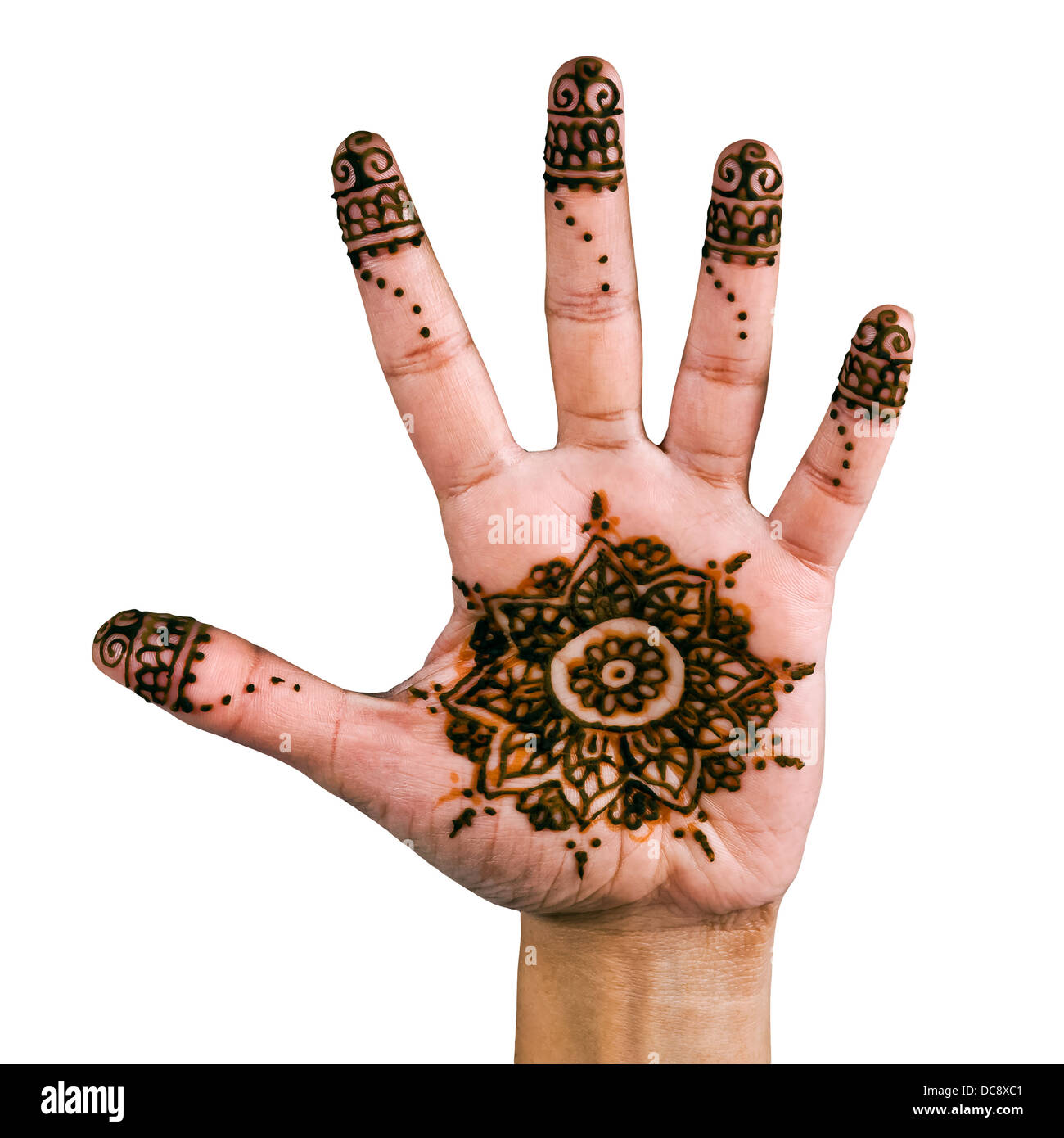 Henna-Design auf der Handfläche der Hand - isoliert in weiß Stockfoto