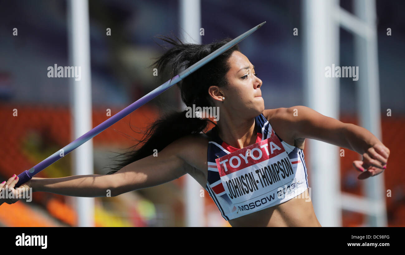 Moskau, Russland. 13. August 2013. Katarina Johnson-Thompson von Großbritannien konkurriert in den Speerwurf der Siebenkampf-Veranstaltung bei den 14. Weltmeisterschaften im Luzhniki-Stadion in Moskau, Russland, 13. August 2013. Foto: Michael Kappeler/Dpa/Alamy Live News Stockfoto