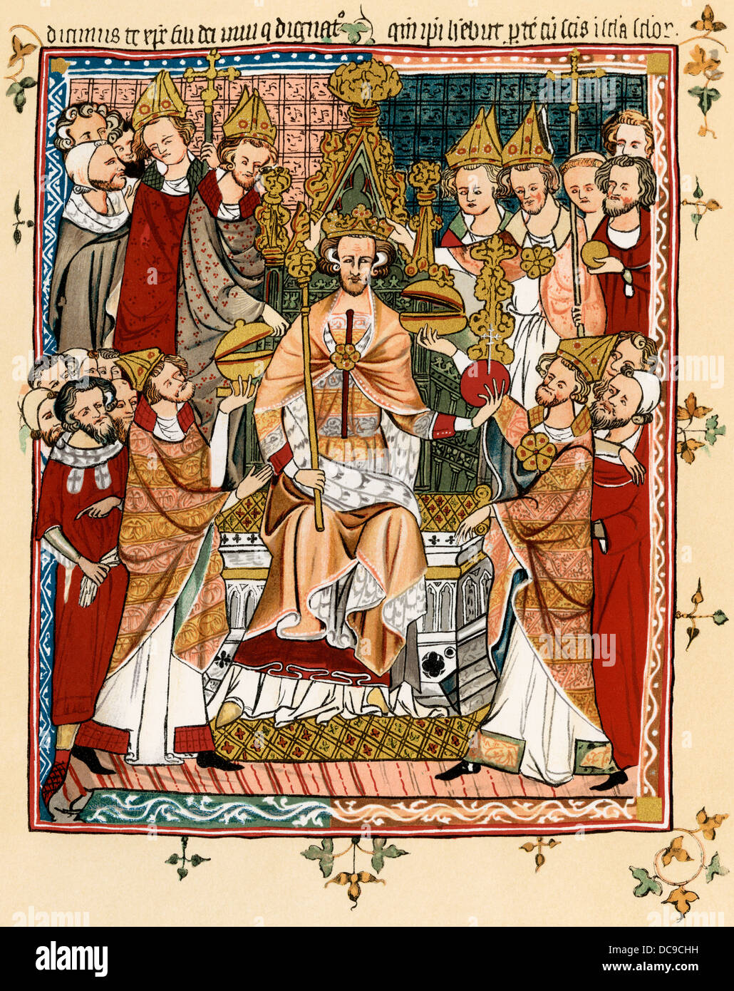 Krönung des Königs, Anfang des 14. Jahrhunderts. Farblithographie Reproduktion Stockfoto