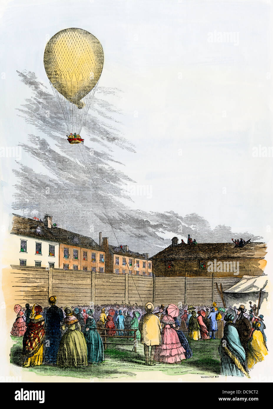Menge durch eine öffentliche Ballon aufstieg in Philadelphia unterhalten, 1850. Hand - farbige Holzschnitt Stockfoto