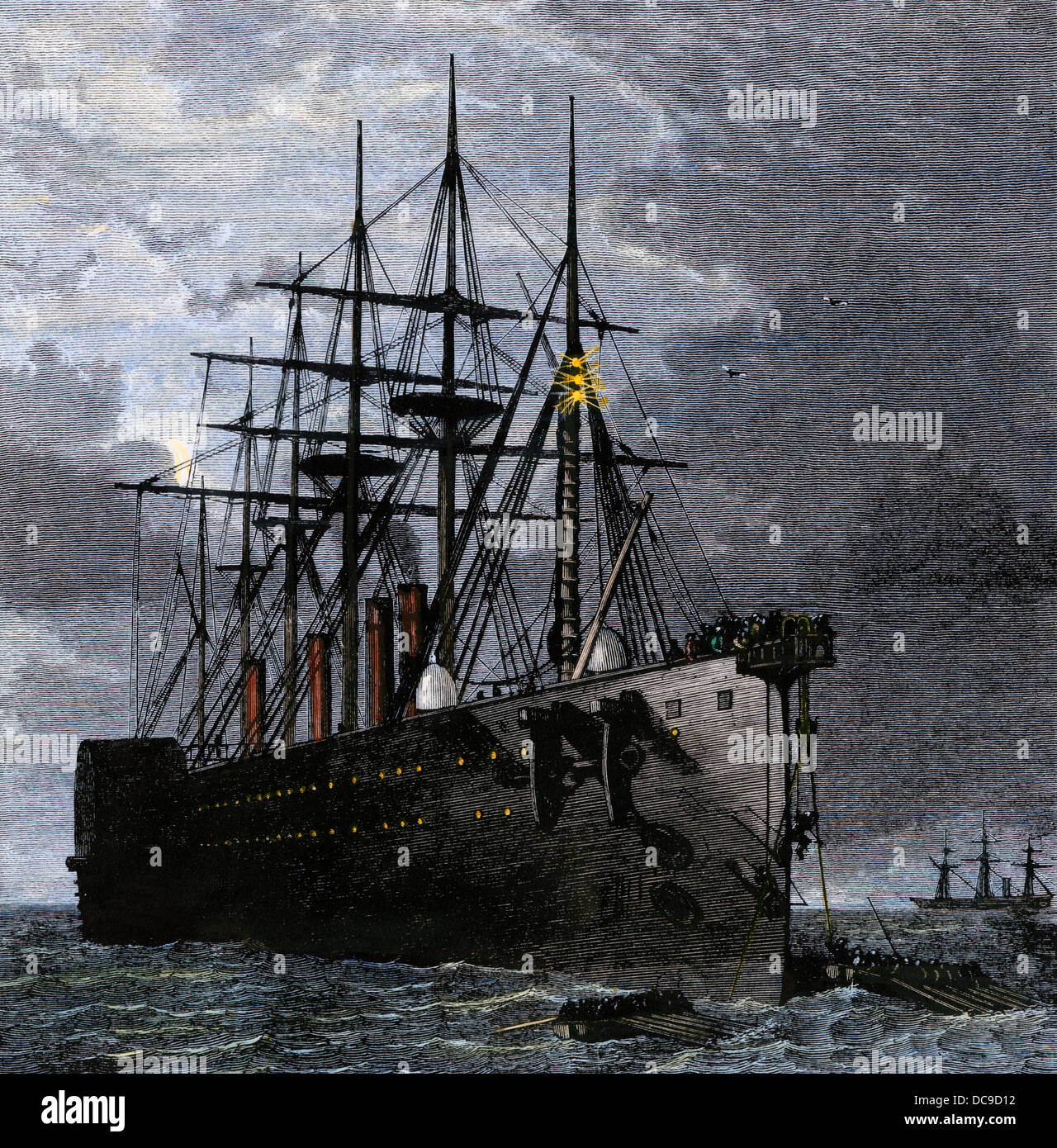 Schiff "Great Eastern" Abholung der Atlantischen Kabel, telegraphen zwischen Nordamerika und Europa erlaubt. Hand - farbige Holzschnitt Stockfoto