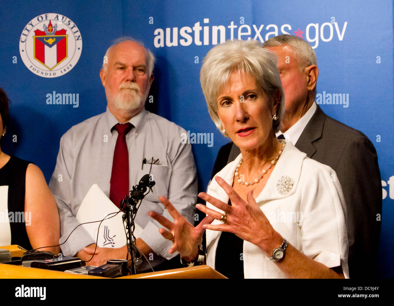 US Secretary Of Health And Human Services, Kathleen Sebelius, trafen sich in Austin Texas, die bezahlbare Pflege Act zu diskutieren Stockfoto