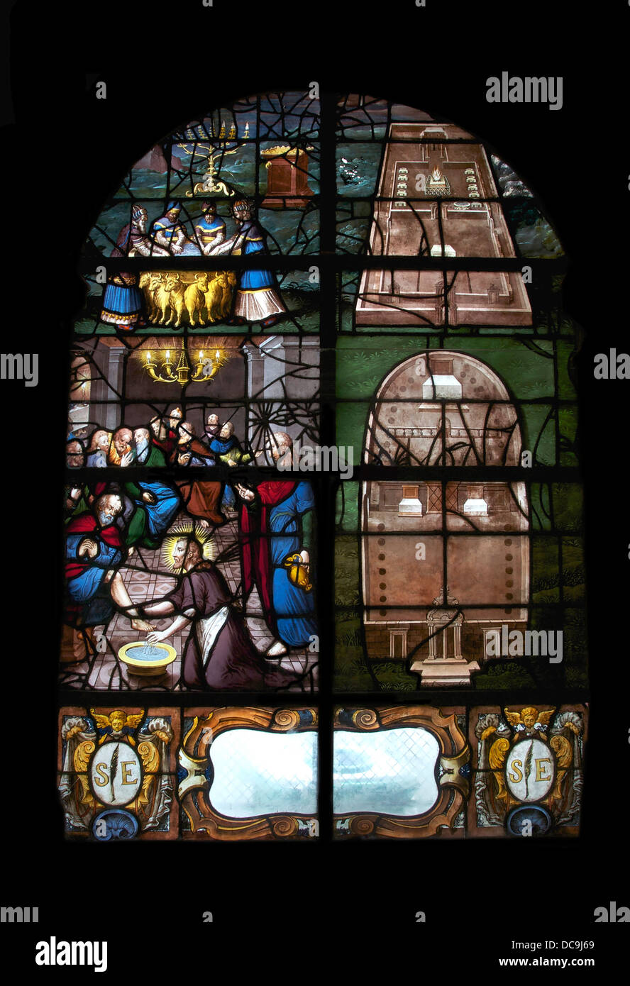 Glasmalerei-Fenster (frühes 17. Jahrhundert), Kirche Saint-Etienne-du-Mont in Paris. Oben: Rabbiner Händewaschen unter Männer Stockfoto