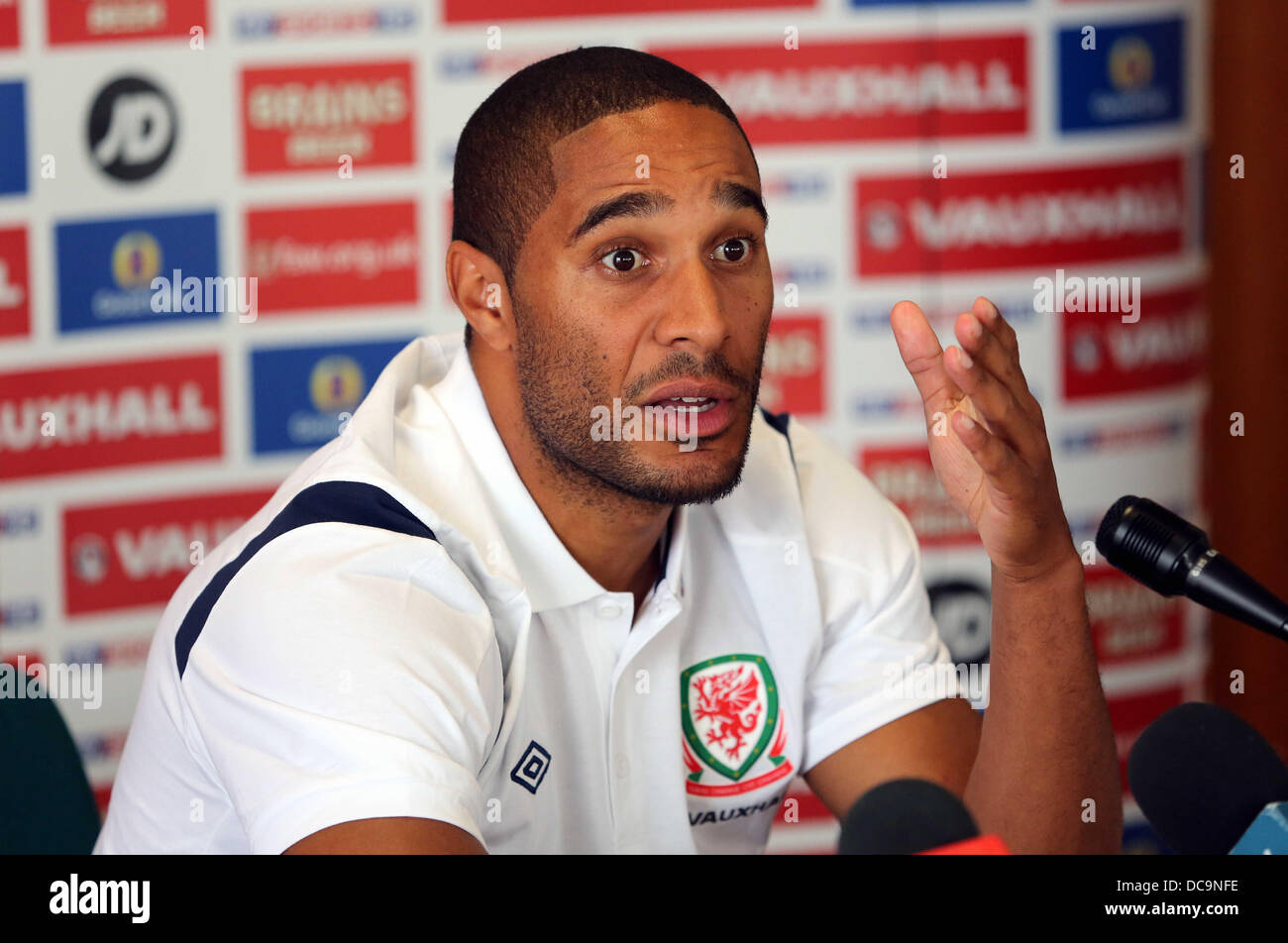 Cardiff, UK. Dienstag, 13. August 2013 im Bild: Team Kapitän Ashley Williams. Re: Football Association of Wales Pressekonferenz vor Wales internationale Freundschaftsspiel gegen Nordirland am St Davids Hotel, Cardiff, Südwales, UK. Bildnachweis: D Legakis/Alamy Live-Nachrichten Stockfoto