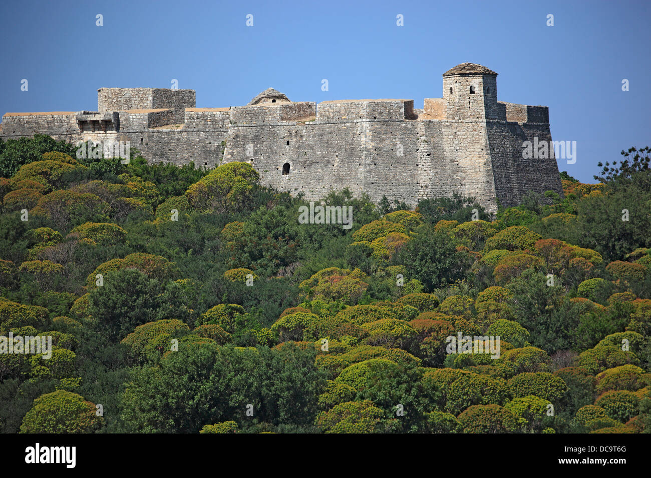 Burg von Ali Pasha Tepelene in die Bucht von Porto Palermo zwischen Qeparo und Himare, Ionisches Meer, südlich von Albanien Stockfoto