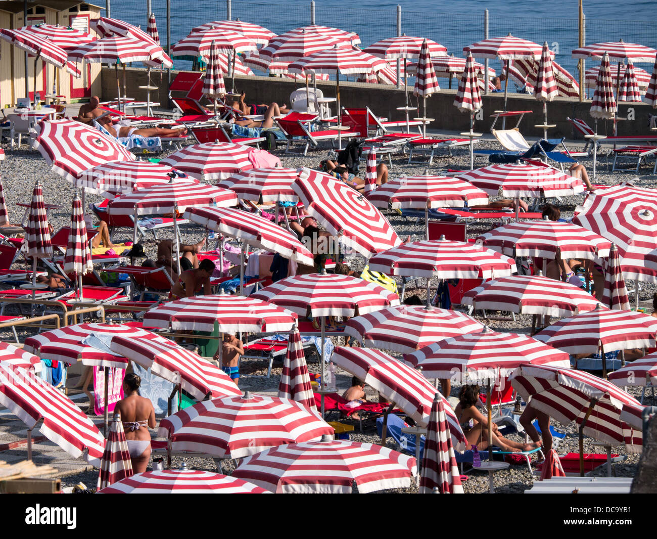 Sonnenanbeter unter roten und weißen Sonnenschirmen in Genua, Ligurien, Italien Stockfoto