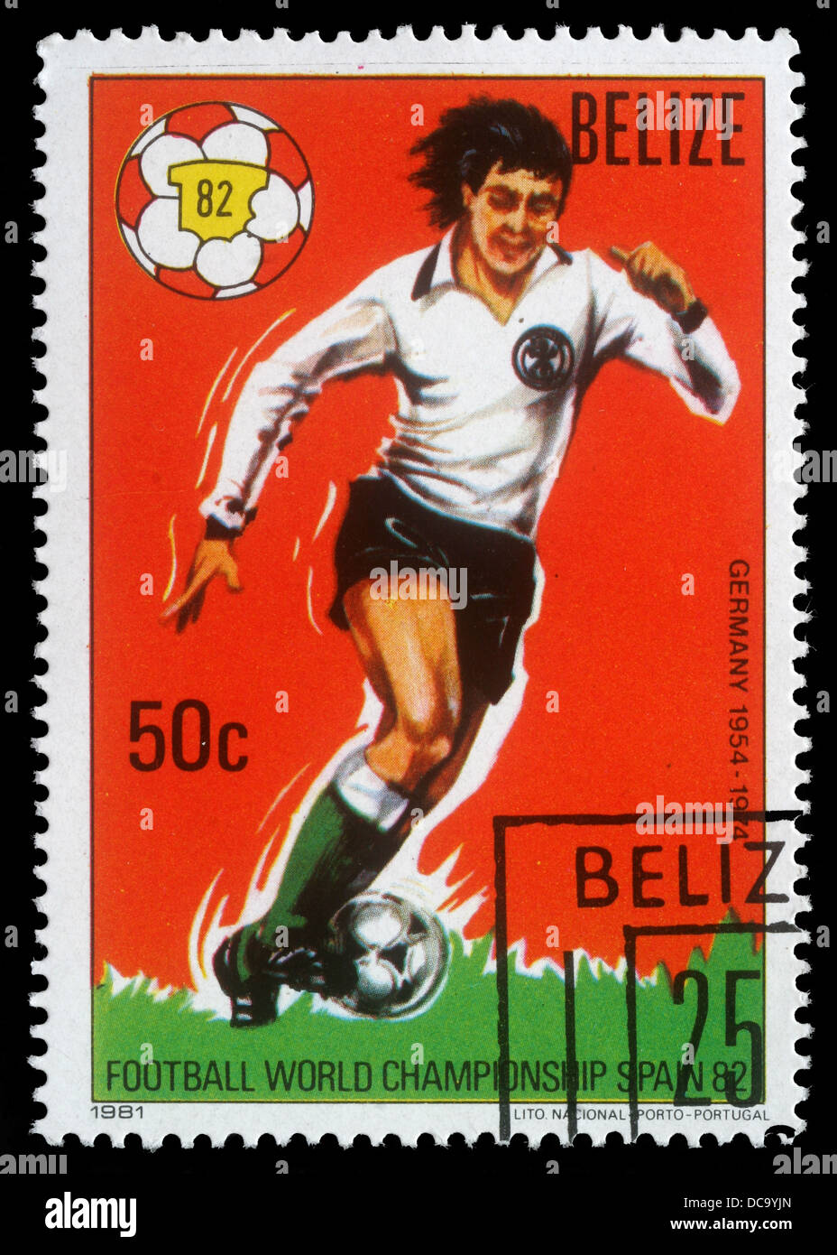 Stempel von Belize gedruckt, zeigt, Fußballweltmeisterschaft, Spanien, ca. 1982. Stockfoto