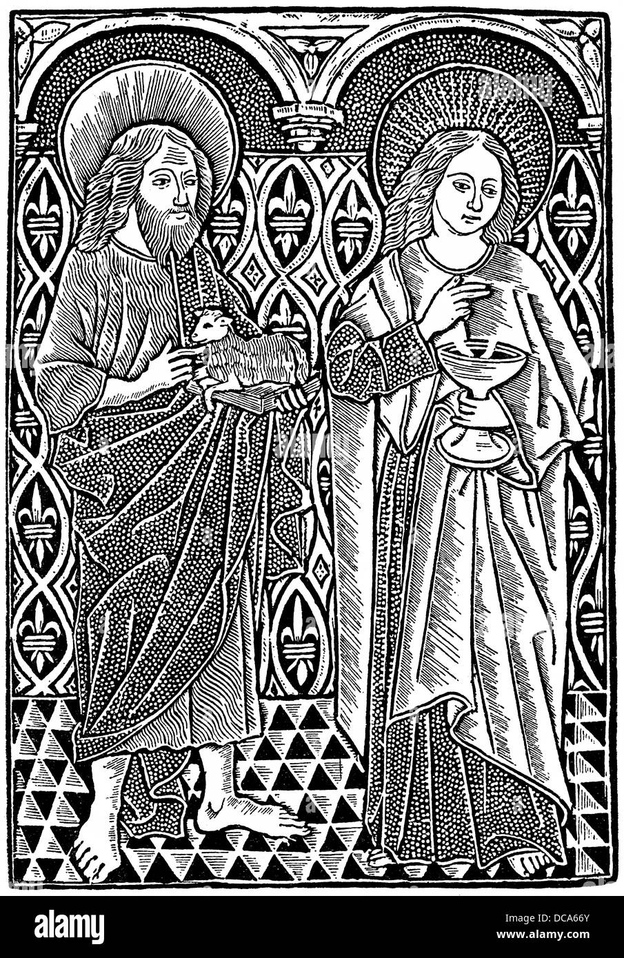 Historische Darstellung aus dem 19. Jahrhundert, nach einer Darstellung von 1450, Johannes der Täufer und Johannes der Evangelist Stockfoto