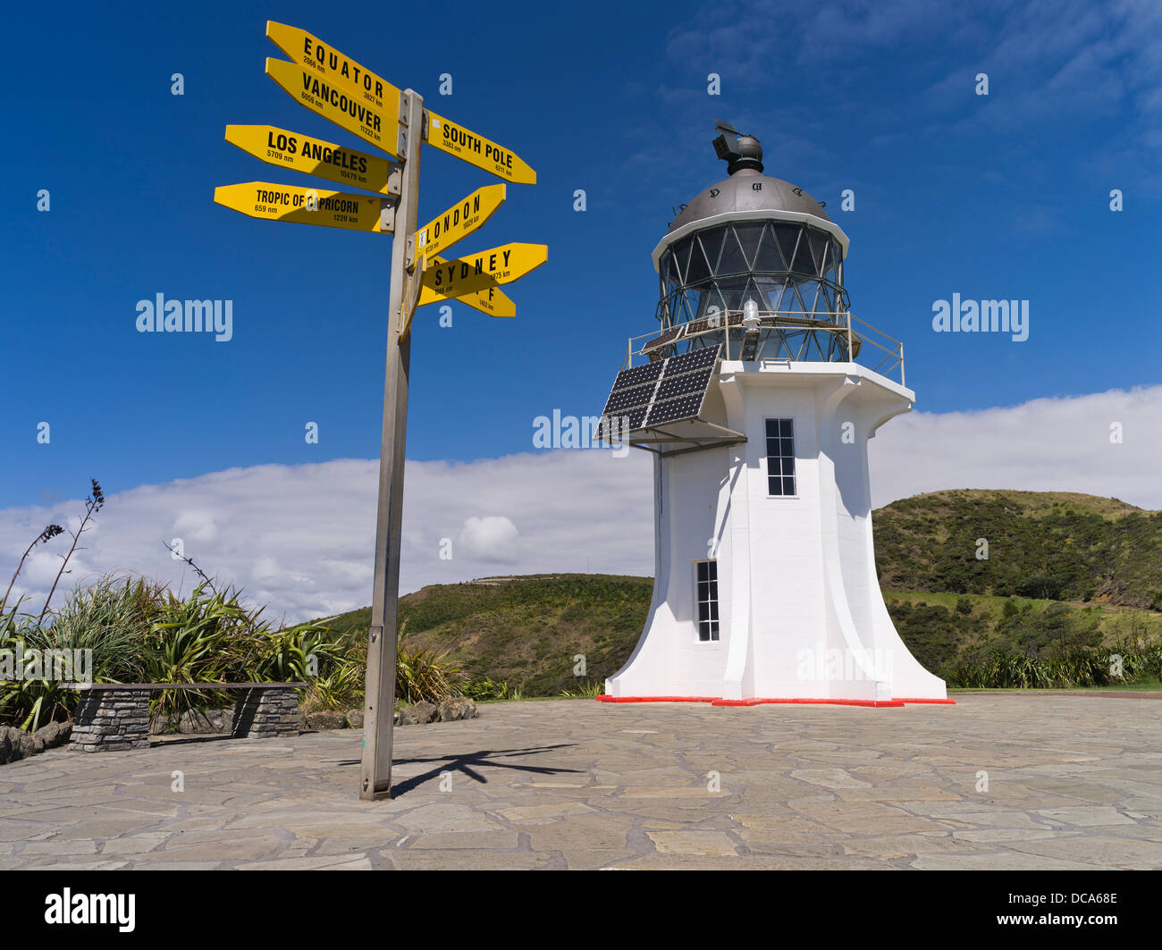 dh Cape Reinga Lighthouse NORTHLAND NEW ZEALAND Internationaler Wegweiser Leuchtturm Beacon Turm Sonnenkollektoren Welt Wegweiser Stockfoto