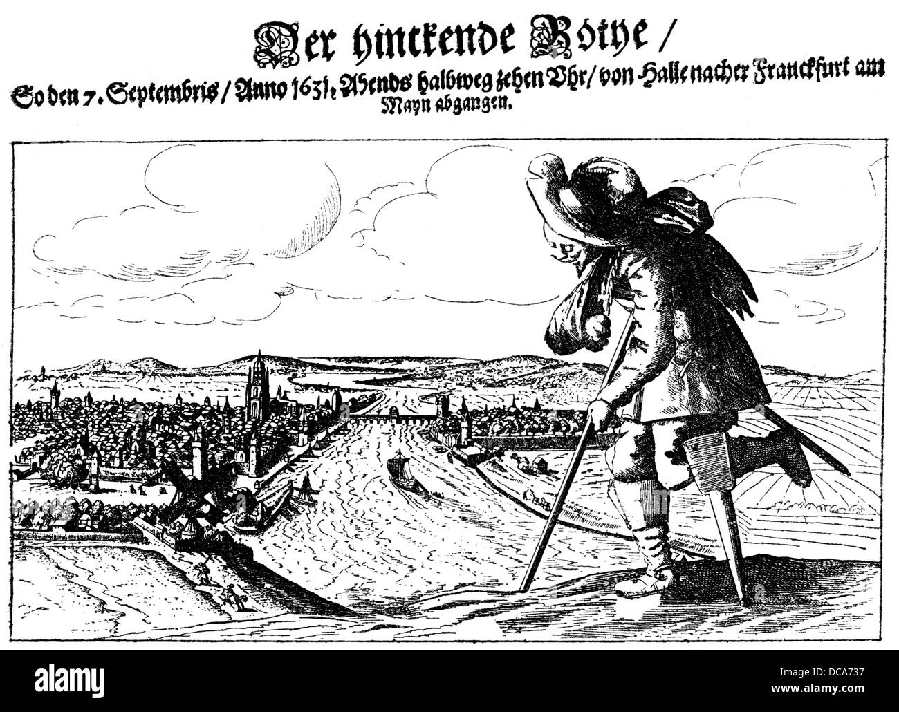 Broschüre von 1631, der hinkend Messenger, verspätete Mitteilung der Niederlage von Tilly bei Breitenfeld, dem Dreißigjährigen Krieg Stockfoto