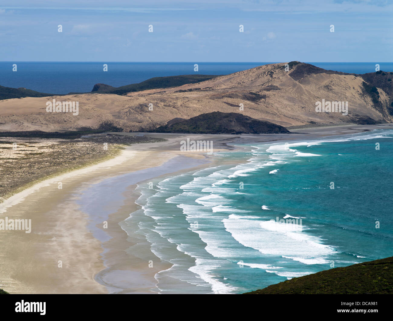dh Te Werahi Strand CAPE REINGA Neuseeland Cliff Tops Küsten Weg und Sanddüne Landzunge Stockfoto