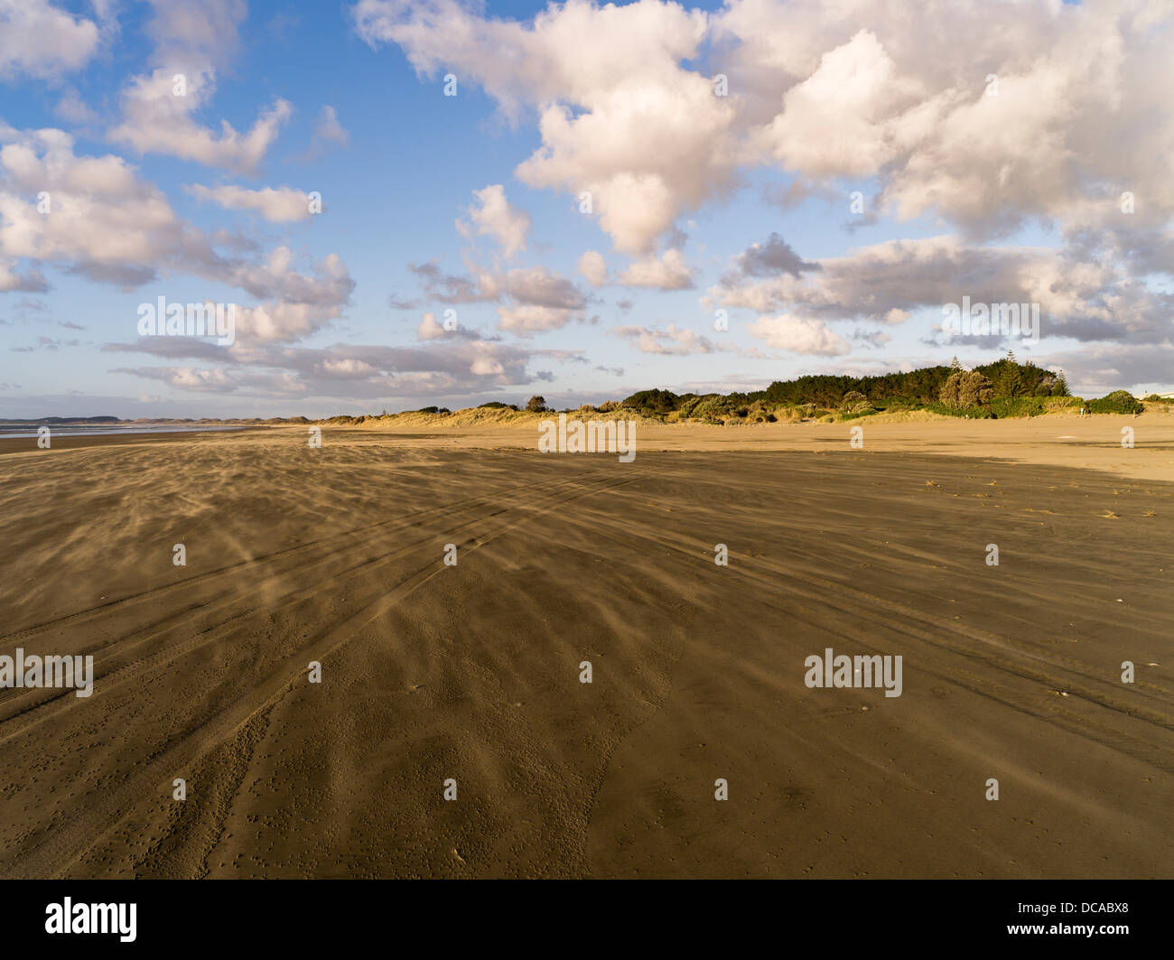 dh Ninety Mile Beach AHIPARA NEUSEELAND Wind weht Sand Sturm Strand Dünen Autoreifen markiert Küstenstraße 90 Stockfoto