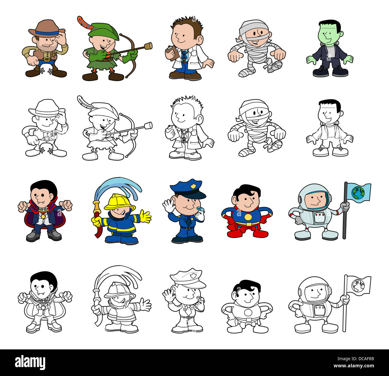 Eine Reihe von Cartoon Menschen oder Kinder Dress spielen. Farbe und Schwarzweiß umreißen Versionen. Stockfoto