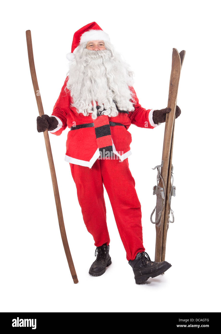 Weihnachtsmann mit Ski Stockfoto