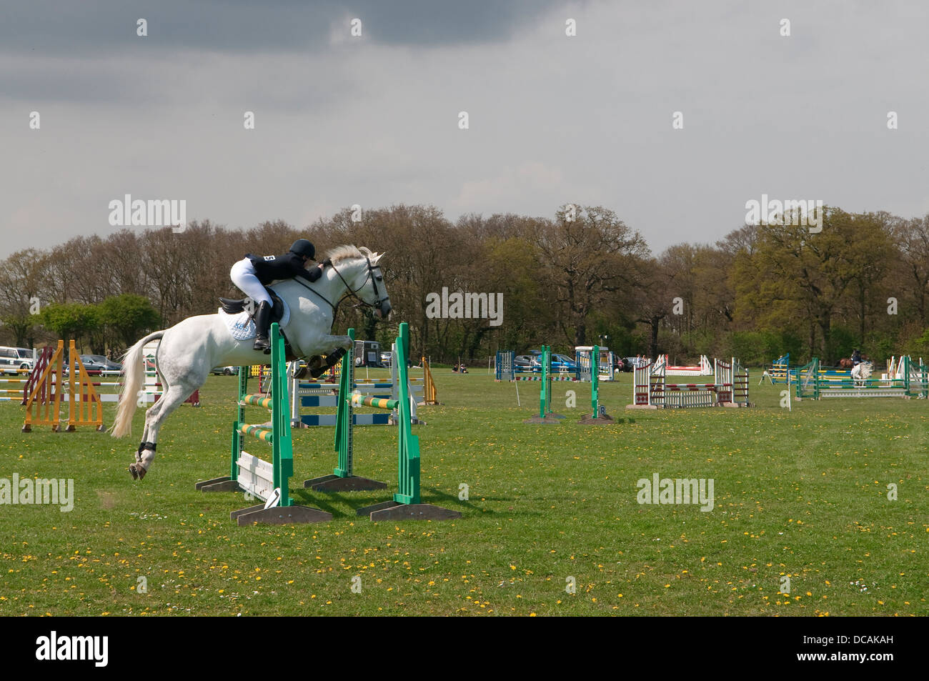 Junge Reiterin während Springprüfung in Suffolk Horse Show. Showgrounds Ipswich, Suffolk, UK. Stockfoto