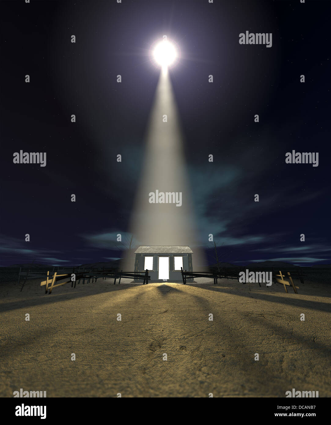 Eine Krippe von Christs Geburt in Bethlehem mit der isolierten heruntergekommen Stall wird von einem hellen Stern auf einem dunkelblauen Himmel beleuchtet Stockfoto