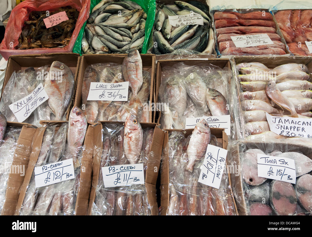 Vielzahl von frischem Fisch auf dem Display an Billingsgate Markt, Isle of Dogs, London, England, UK Stockfoto