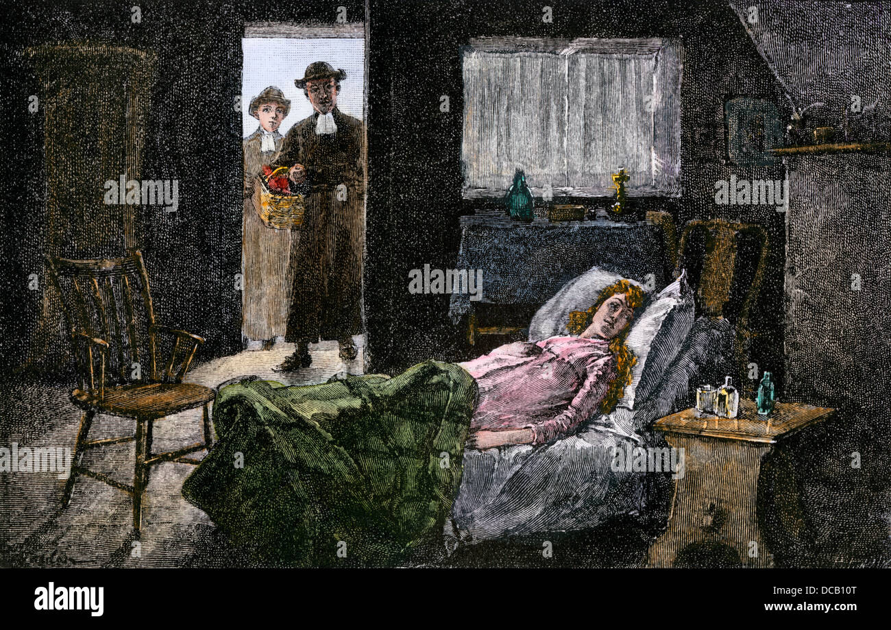 Geistliche in Tür ist eine kranke Frau zu Hause. Hand - farbige Holzschnitt Stockfoto
