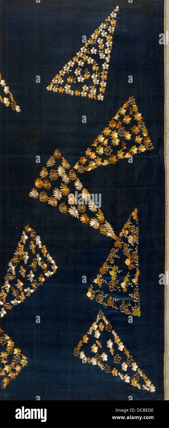 Das Fragment eines Kosode Kimonos (M.39.2,258) in der Kollektion von LACMA zeigt ein Design von verstreuten Dreiecken, die mit Blumen und Blättern gefüllt sind. Dieses Textilwerk beleuchtet die japanische Kunst und Handwerkskunst aus der Edo-Zeit, wobei Baumwollstickereien und komplizierte Textiltechniken verwendet werden. Stockfoto