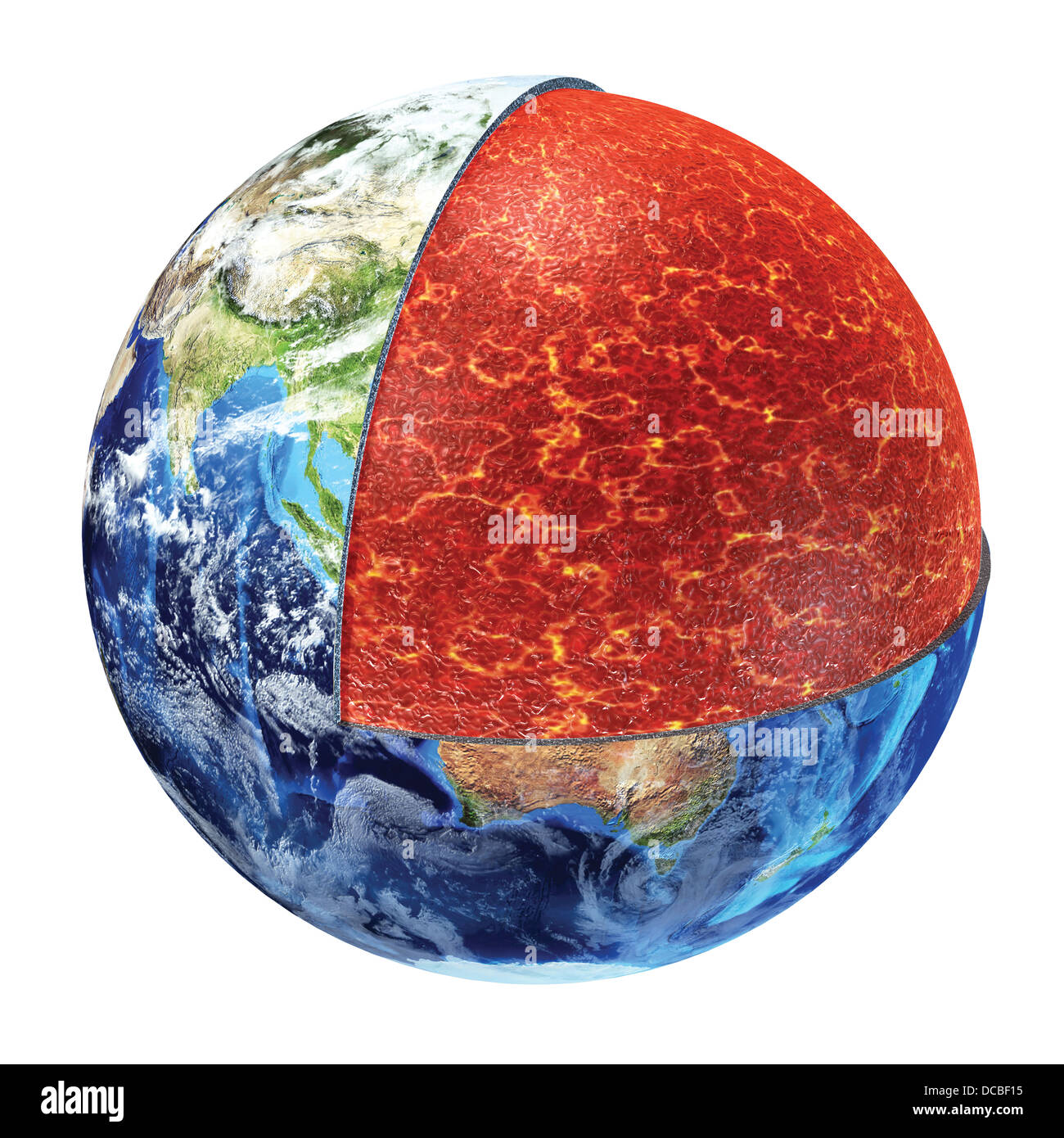 Querschnitt der Erde. Zeigt den oberen Mantel, gemacht von Kunststoff Magnesium, Eisen, Aluminium, Silizium und Sauerstoff. 700-1300° C. Stockfoto