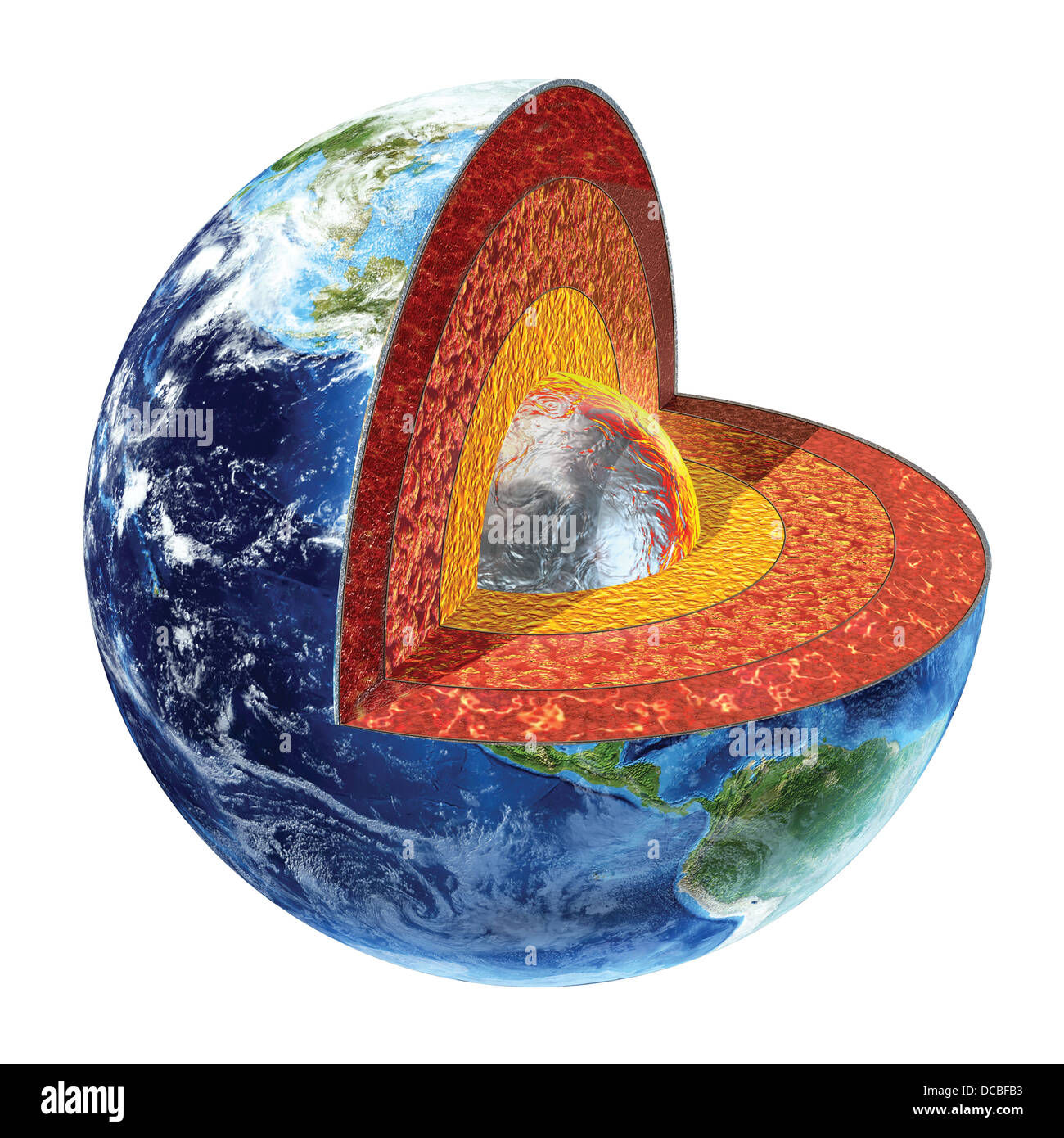 Querschnitt der Erde. Zeigt den inneren Kern, gemacht von massivem Eisen und Nickel, mit einer Temperatur von 4500° Celsius. Stockfoto