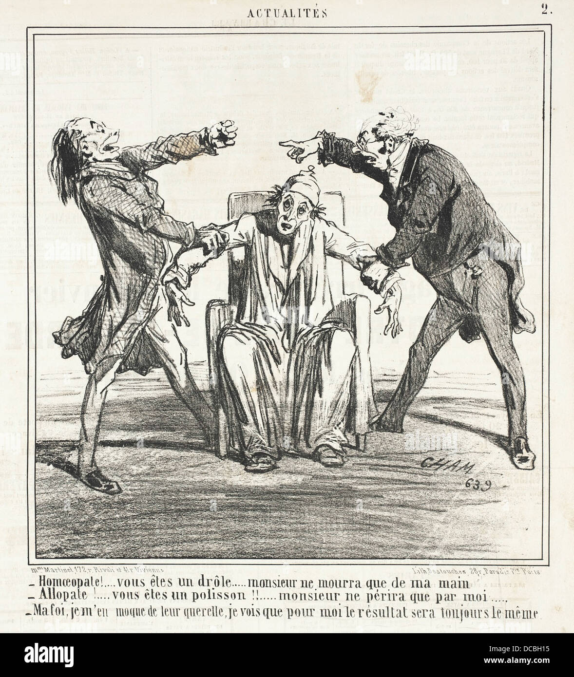 Homeopate!... vous etes un Drole... Monsieur ne mourra que de ma Netz. - Allopate!... vous etes un polisson!! Monsieur ne perira que par Moi. - Ma foi je m'en moque de leurs Querelles, Je vois que la 0492 Stockfoto