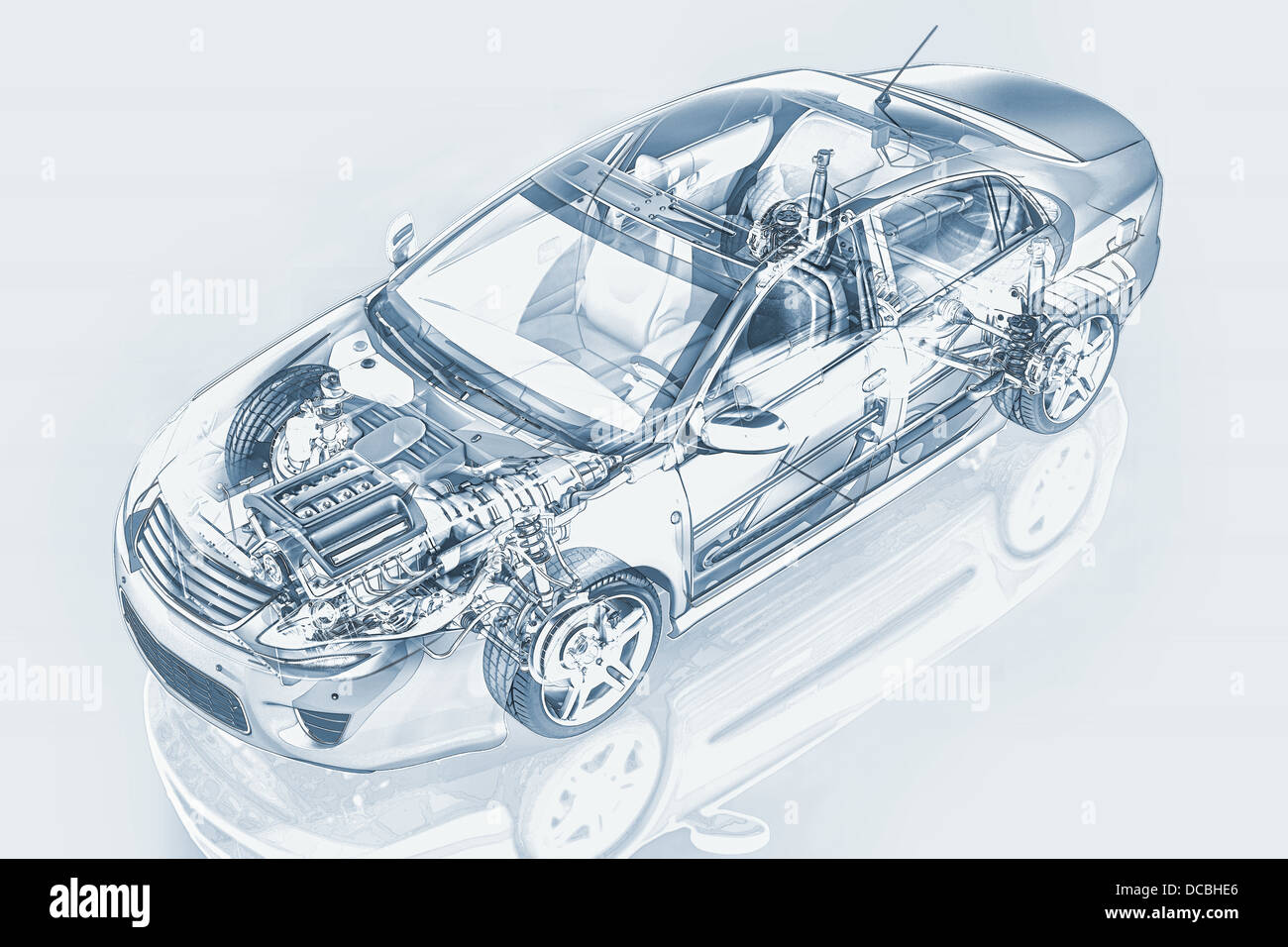 Generische Limousine detaillierte Cutaway Darstellung mit Ghost-Effekt in Bleistiftzeichnung Stil, auf neutralem Hintergrund. Stockfoto